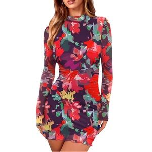 🌹🆕 Long Sleeve Fitted Mini Bodycon Mesh party holiday Dress small